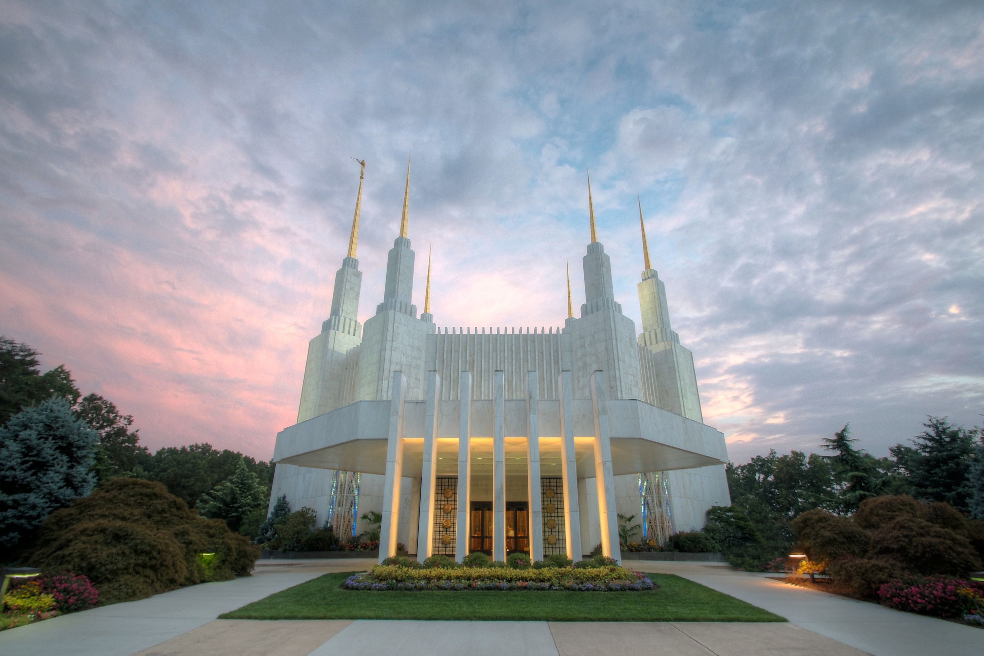 The entire Washington D.C. Temple, including the entrance and scenery.