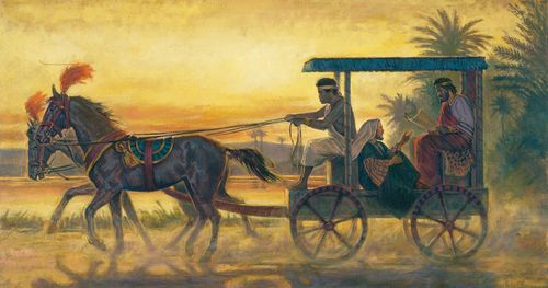 Filippos (Uuden testamentin hahmo) opettaa evankeliumia etiopialaiselle, kun he ajavat vaunuilla. Toinen mies kuvataan ajamassa hevosia ja vaunuja. Heidän ajamansa tien vieressä näkyy järvi tai joki. Aiheeseen liittyvä pyhien kirjoitusten kohta: Ap. t. 8:26–39