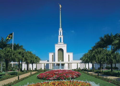 The front of the São Paulo Brazil Temple, with a view of the entrance, the fountain, and trees and flowers on the grounds during the daytime.