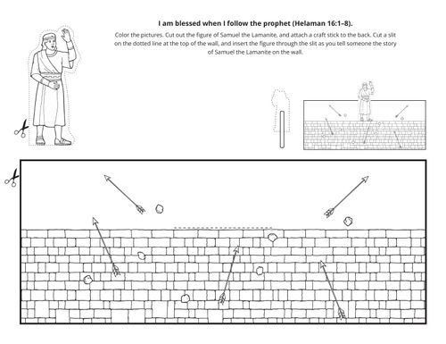 A line-art activity depicting Samuel the Lamanite standing on a wall, surrounded by arrows.