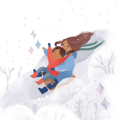 Mädchen rutschen auf einem Stück Pappe einen verschneiten Hügel hinunter