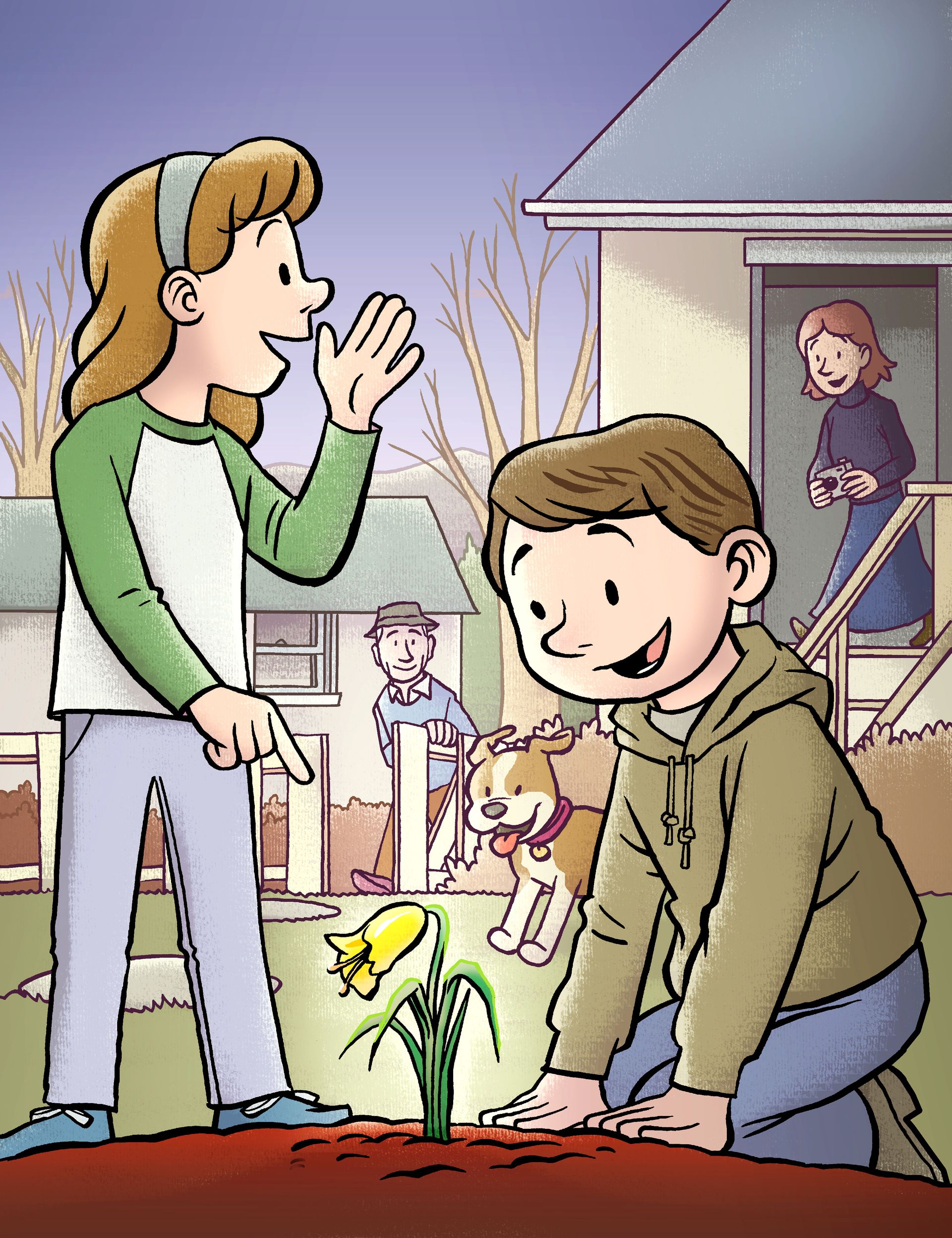 A boy and his sister are excited as they watch a lily bloom at the beginning of spring.