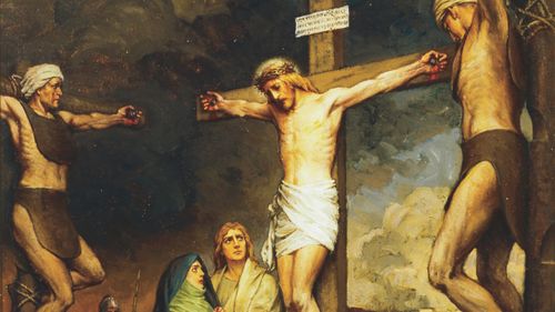Cristo crucificado entre dos hombres mientras María y Juan lo miran