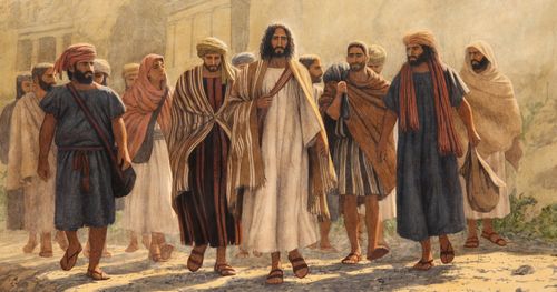 Jesus mit Menschen, die ihm nachfolgen