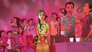 Illustration of a party scene with drinking going on and one girl standing alone.