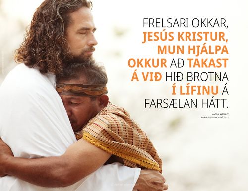 veggspjald af Jesú Kristi faðma mann