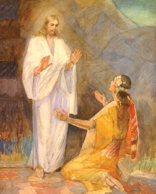 A painting by Minerva K. Teichert of the resurrected Christ appearing before Mary Magdalene, who is kneeling at His feet.