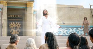 Jesus Kristus stiger ned fra himmelen ved tempelet i Overflod