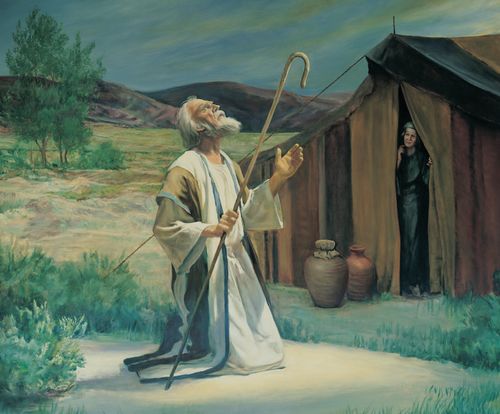 A painting by Grant Romney Clawson of Abraham holding a staff while kneeling in prayer on the plains of Mamre, with his wife Sarah watching from a tent.
