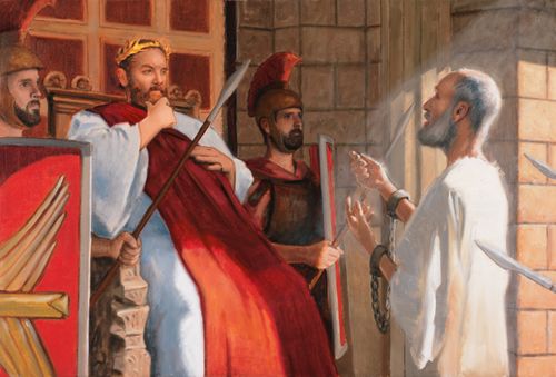 A painting of Paul speaking to King Agrippa, who is seated on his throne.