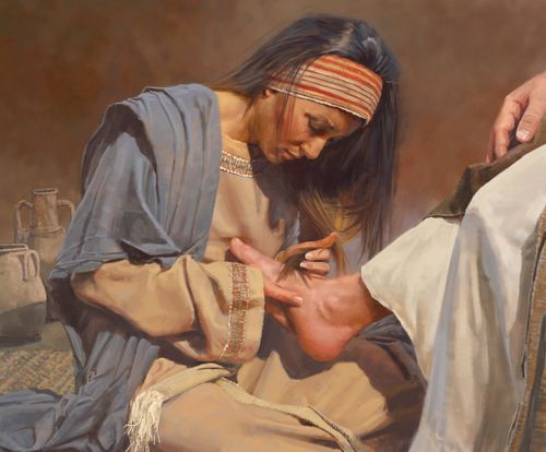 A painting of Mary tenderly washing the feet of the Savior.