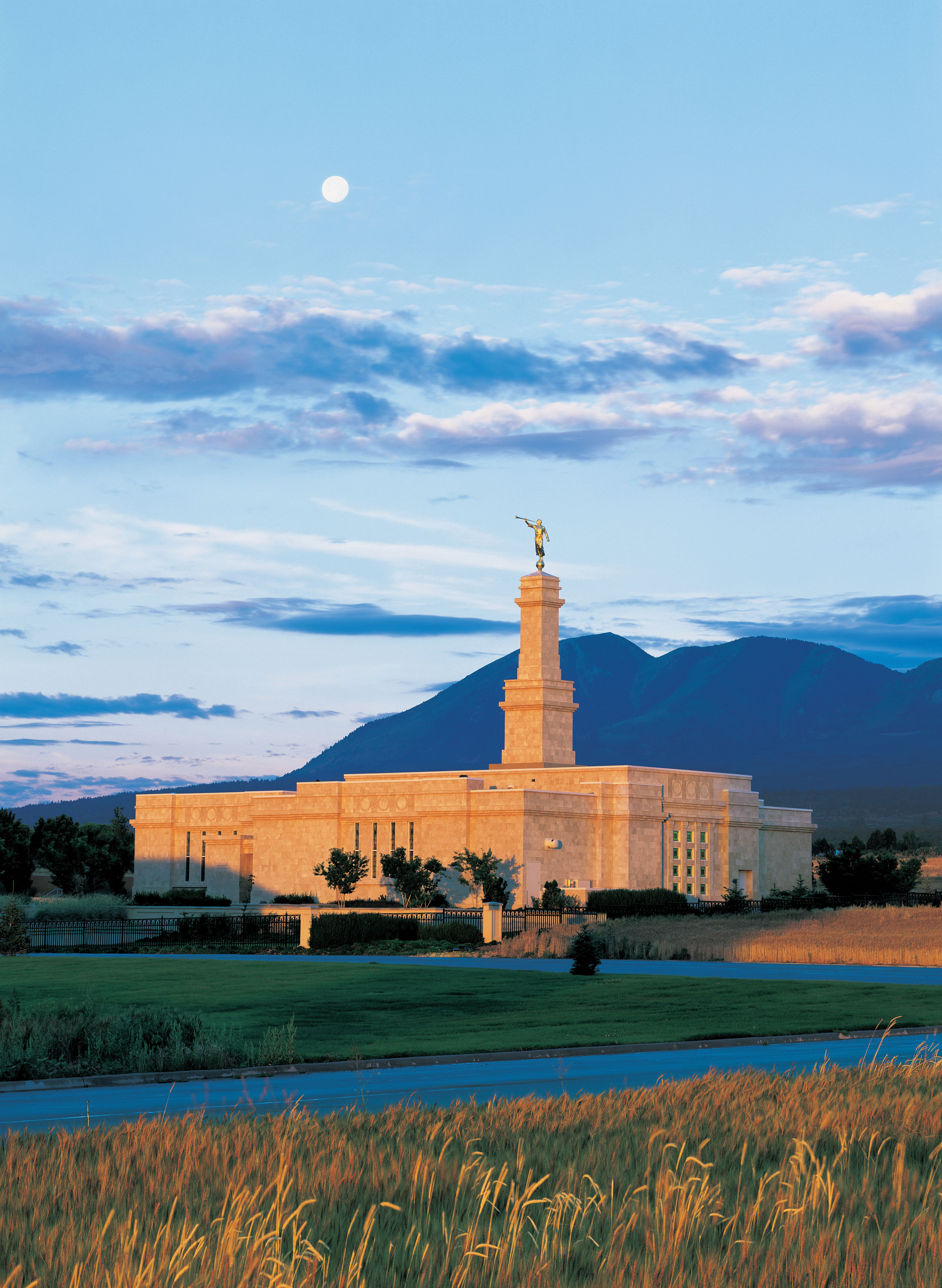 The Monticello Utah Temple in the evening.