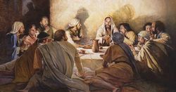 Oil on paper on board painting depicting Christ and eleven apostles seated on the floor around a low table. They participate in the Sacrament of the Last Supper while the shadow of Judas is seen leaving the table.  Signed by artist. Done in gold and brown tones.