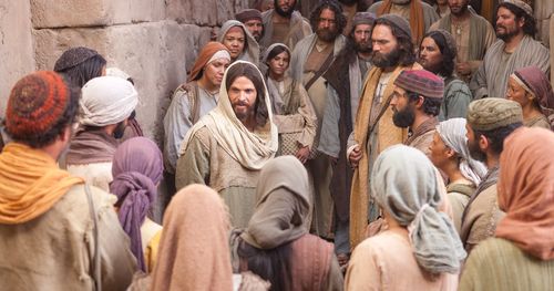 Jesus talking to a large group of people