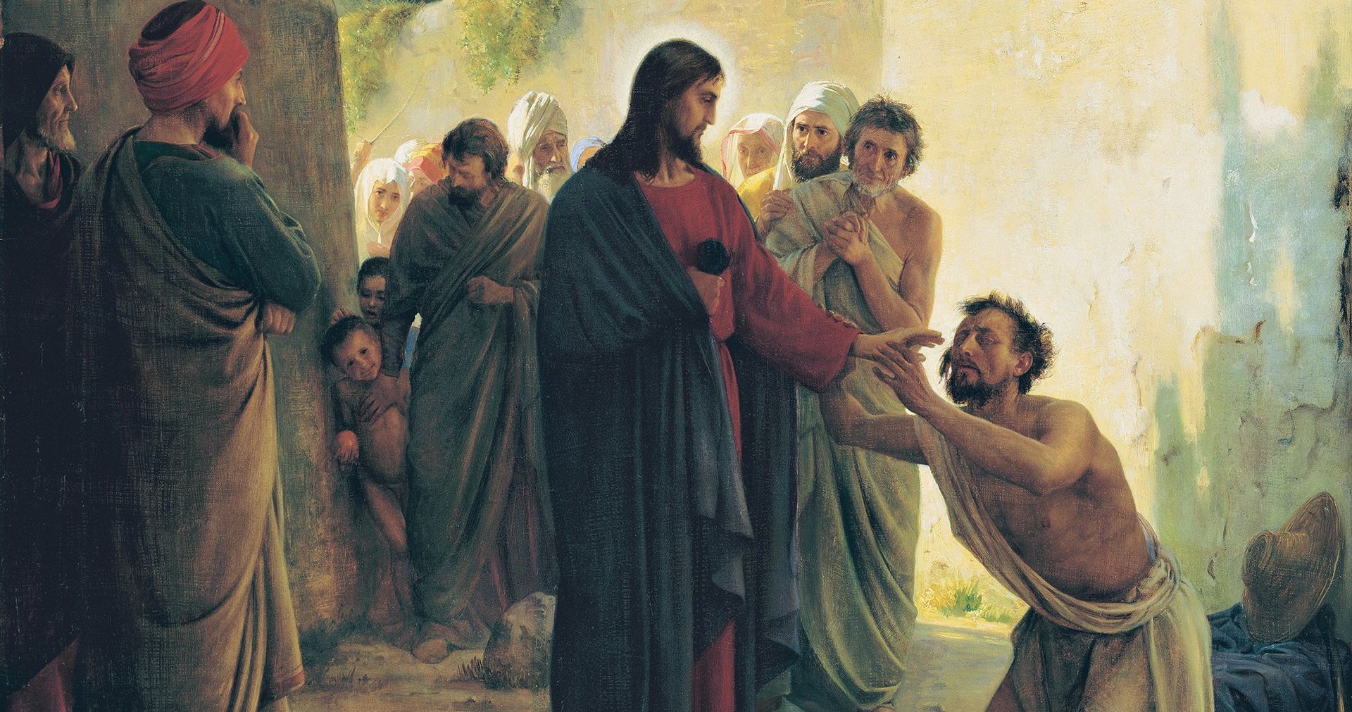 Painting of Jesus Christ reaching out to heal a blind man as people around Him observe.