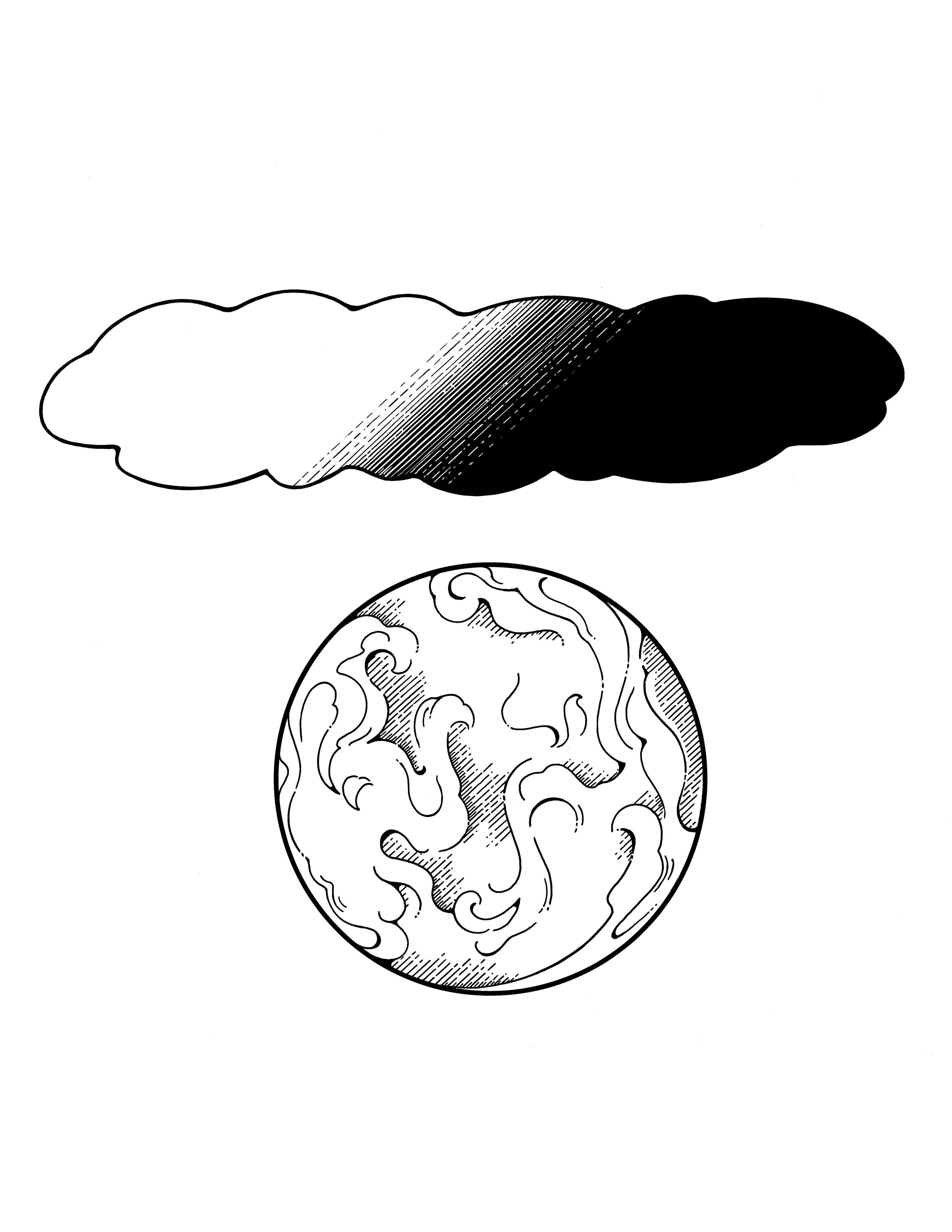 An illustration of the earth with a cloud of light and darkness above it.