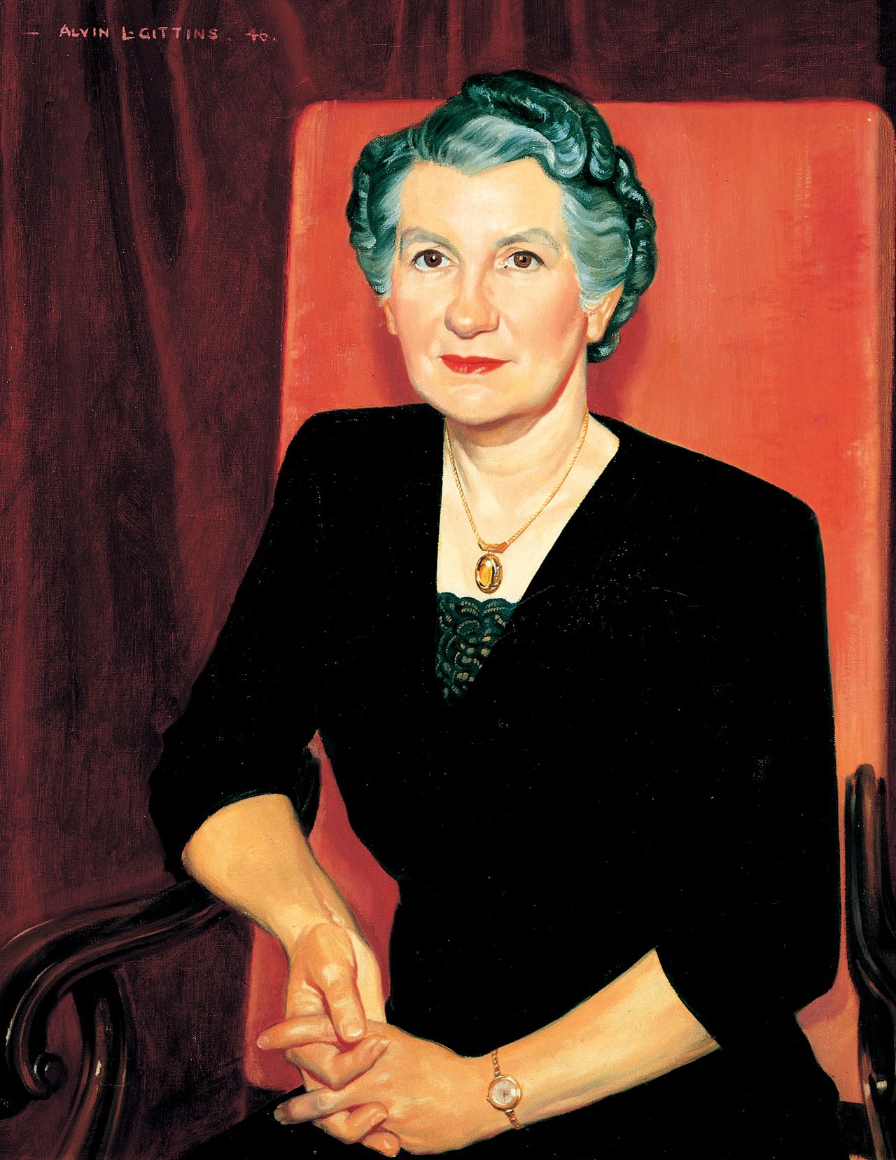 A portrait of Belle Smith Spafford, who was the ninth general president of the Relief Society from 1945 to 1974; painted by Alvin Gittins.