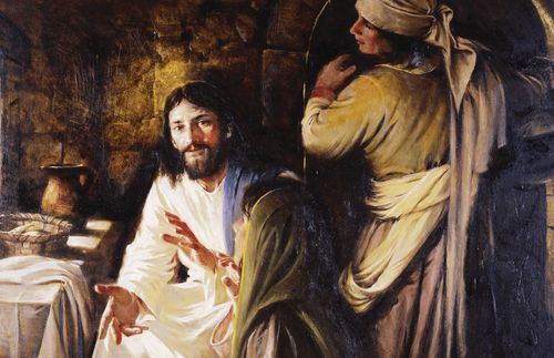 Während Jesus Christus lehrt, hört Maria zu und Marta arbeitet