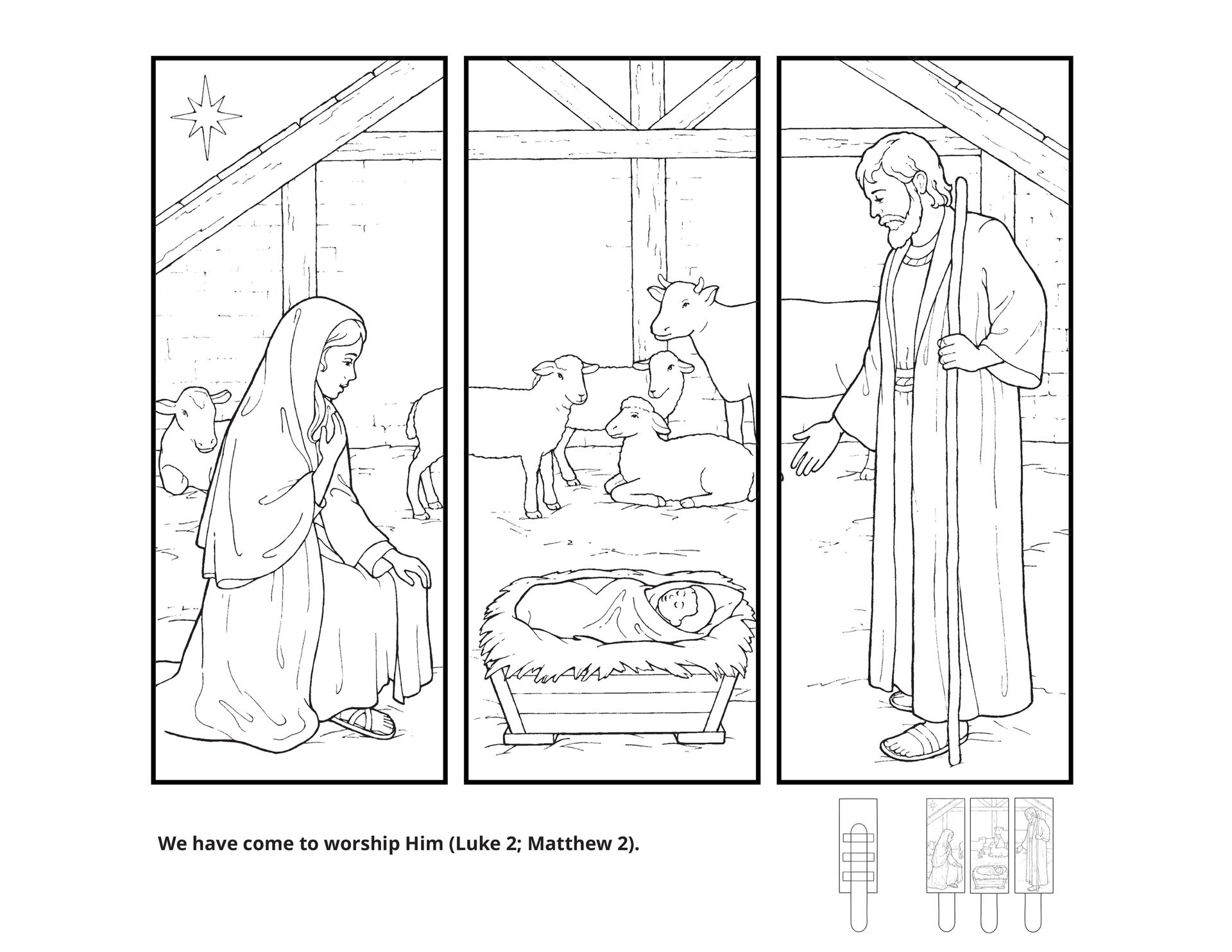 “We have come to worship Him (Luke 2; Matthew 2).” An illustration of the Nativity.