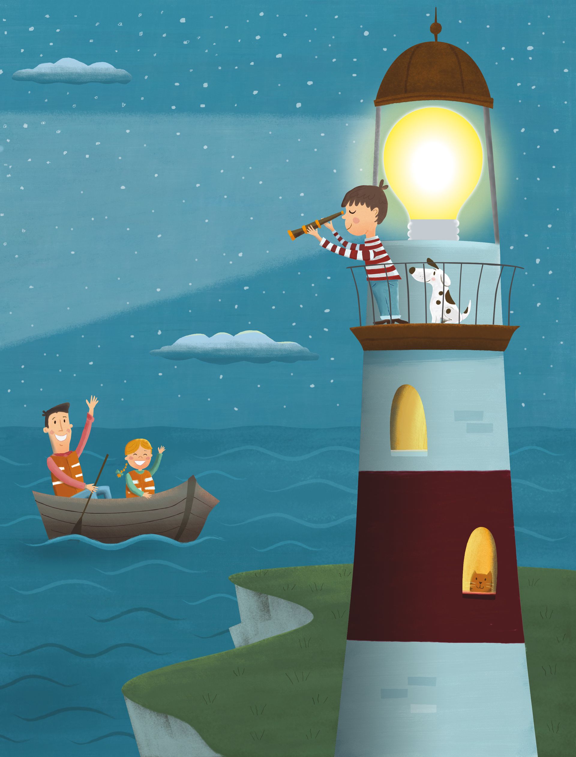 A boy stands at the top of a lighthouse and looks through a telescope at a boat on the water.