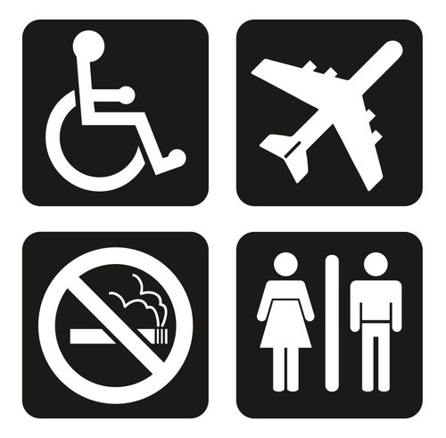 mga simbolo para sa wheelchair, eroplano, bawal manigarilyo, banyo