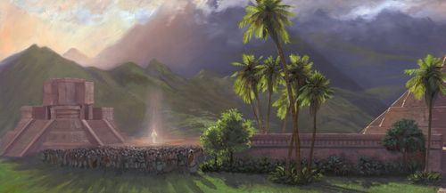 An illustration of Christ visiting the Nephites in the Americas.