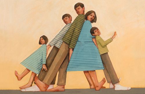 family leaning on each other