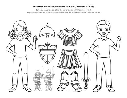 Paper dolls of a boy and girl wearing armor.