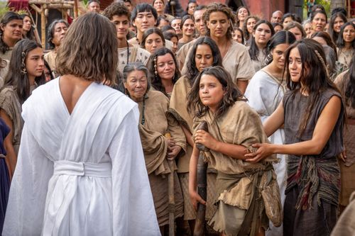 A lame boy listens as Jesus Christ says He will return to the Father, but then invites all to come to be healed. He teaches the Nephites in the City of Bountiful outside the temple.