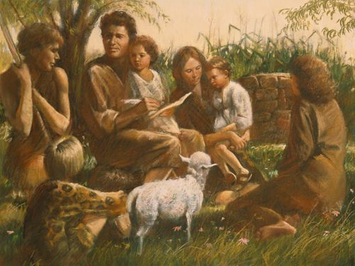 Adam and Eve sitting with their children under a tree. They are teaching the children. A lamb is standing near them.