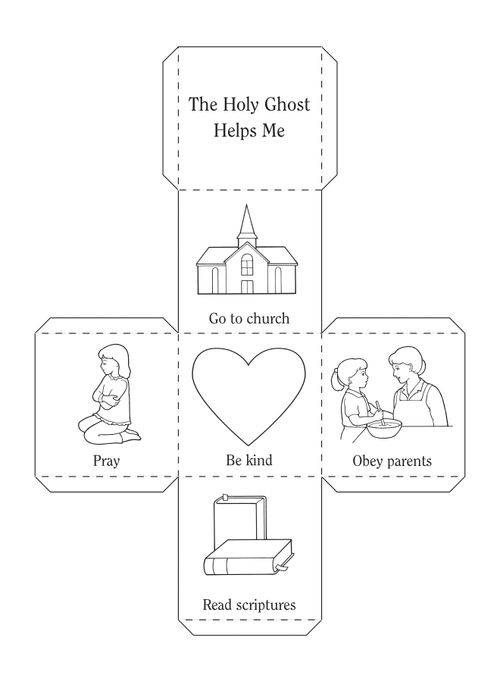 An activity page of a series of illustrations of praying, a heart, a meetinghouse, the scriptures, and a mother and daughter cooking together.