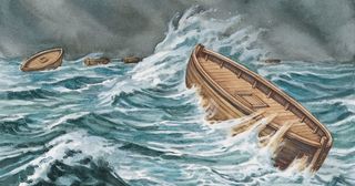 les barques des Jarédites ballotées par les vagues