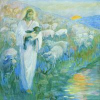 Christ, dressed in white, is portrayed as a shepherd.  He is holding a dark colored lamb while many light colored sheep follow behind him.  Illustrating the parable of the lost lamb, this canvas giclée depicts a flock of white sheep grazing on a grassy hill beside a stream. Clothed in a white robe with a crown of light on his head, Christ stands as the good shepherd, compassionately caring for the black lamb cradled in his arms. (Matthew 18:11-14).