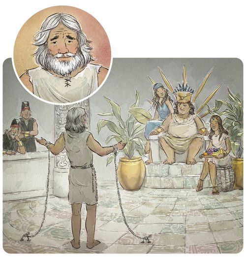 Illustrations for the "Alma Believed Abinadi" scripture story in the May 2020 Friend. Abinadi testifying before King Noah and his priests.