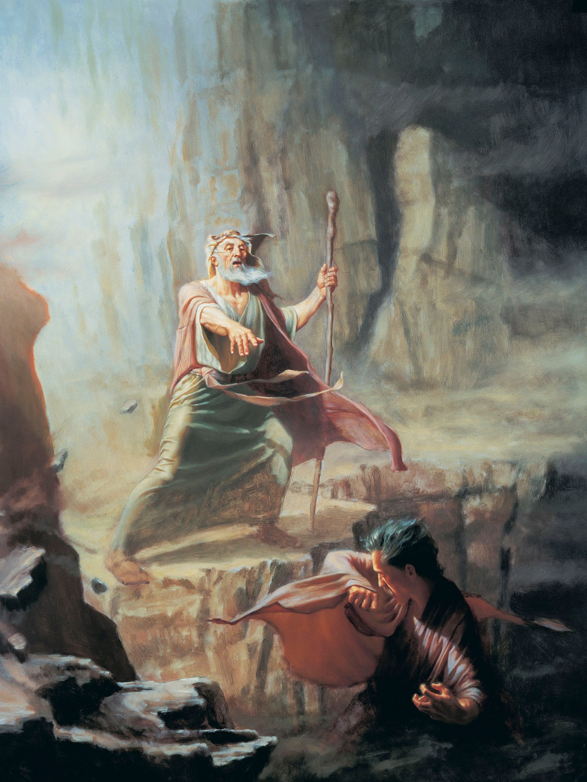 Painting of Moses pointing at Satan and casting him away after the latter's unsuccessful attempt to tempt Moses.