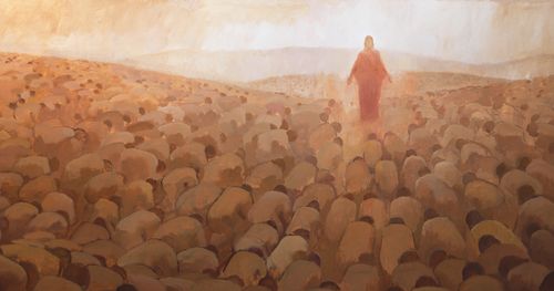 Иисус стоит перед преклонившими колени людьми
