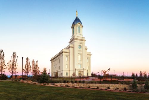 The exterior of the Cedar City Utah Temple at sunset.