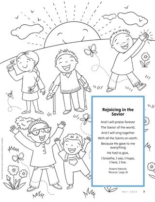 Coloring page of happy children outdoors