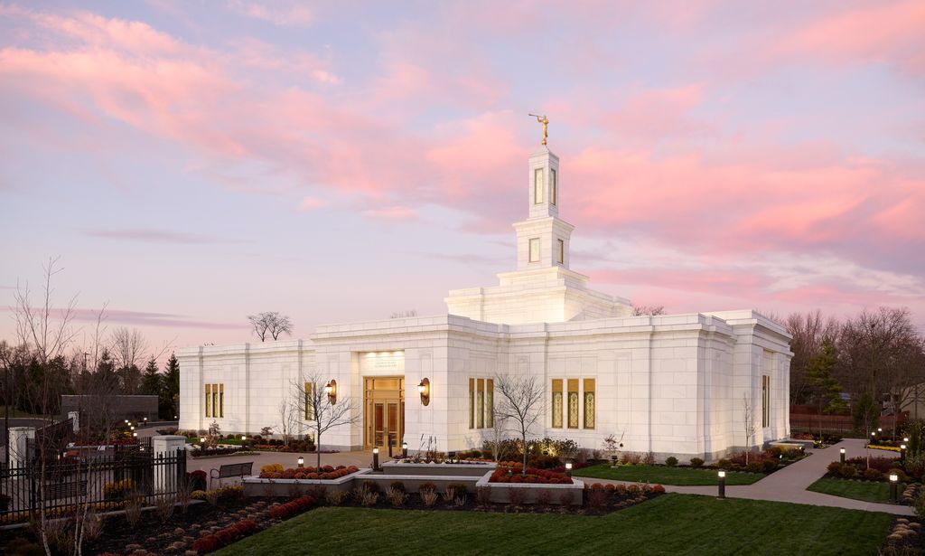 Exterior images of the Columbus Ohio Temple. The images appear to be taken in the early evening.
