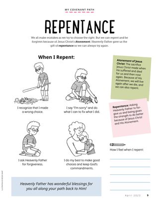 Page PDF with illustrations of boy breaking a vase with a baseball, cleaning up the mess, praying, and hugging his mom