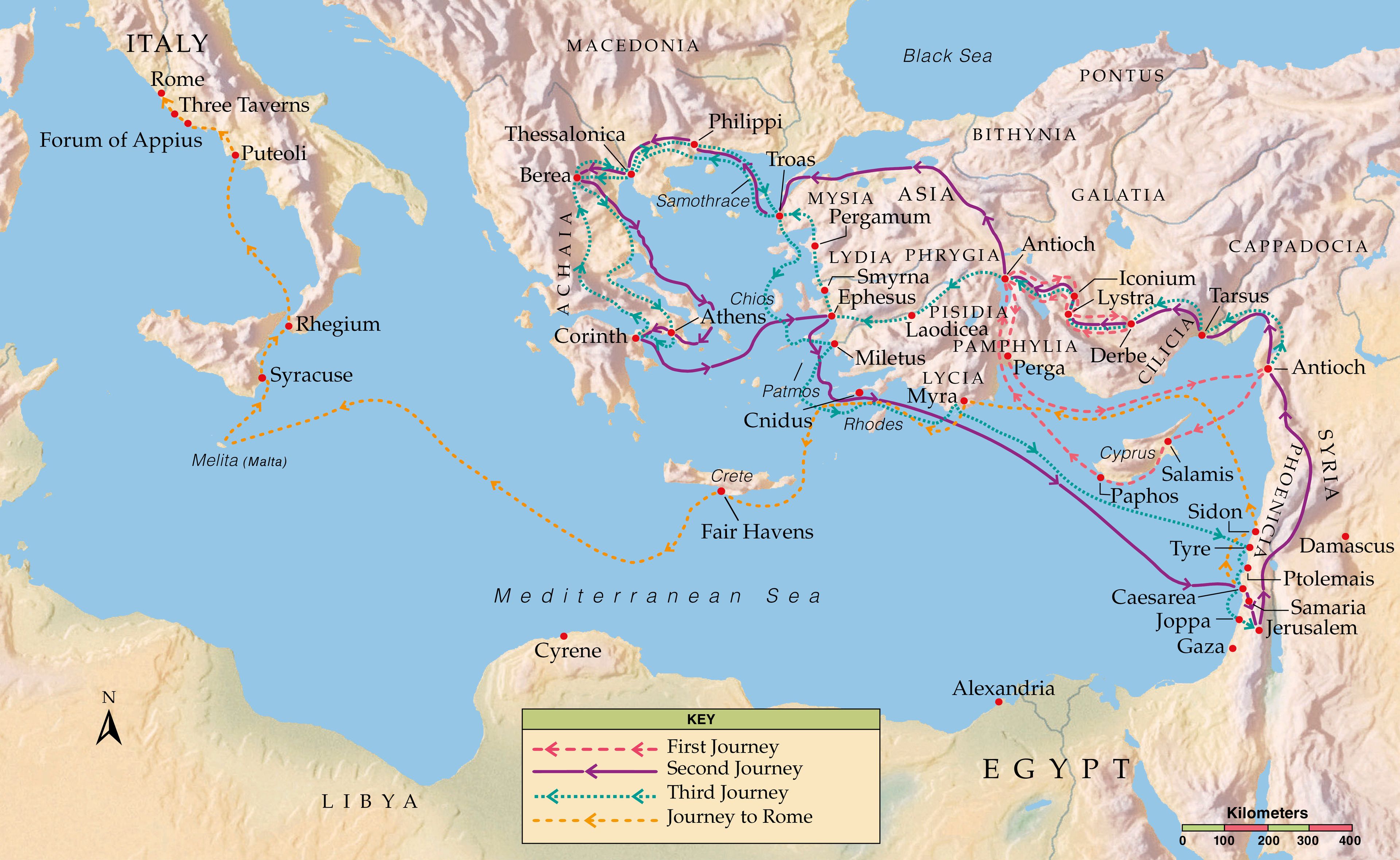 A map showing the missionary journeys of the Apostle Paul.
