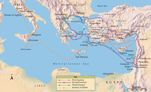 An illustrated map showing the missionary journeys of the Apostle Paul.