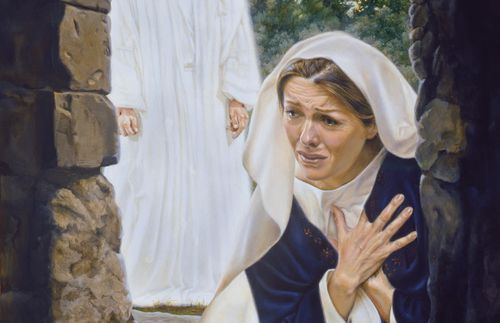 Mary Magdalene looking into the empty tomb as Christ stands behind her.