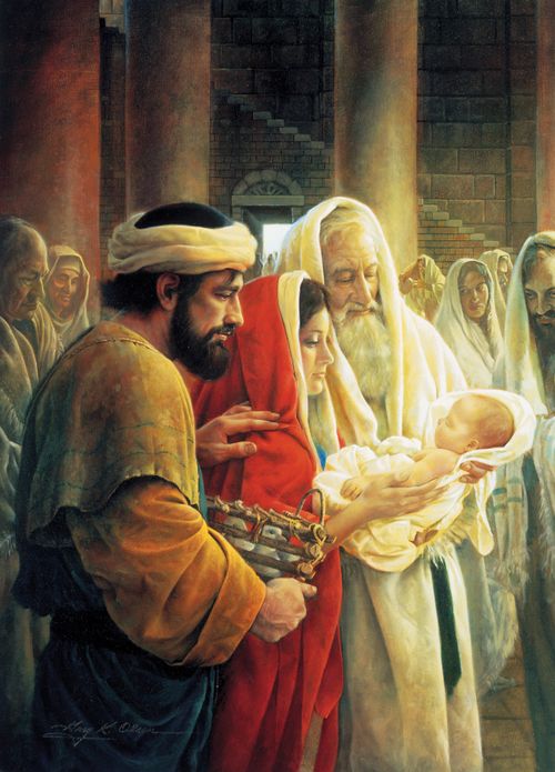 A painting by Greg K. Olsen showing Mary and Joseph standing in the temple, presenting the Christ child to Simeon.
