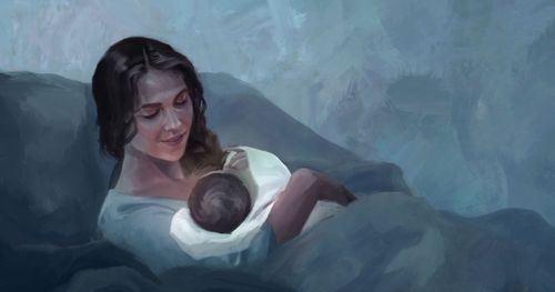 A painting showing Mary holding the infant Jesus. a representing the prophesy in 2 Nephi 17 which contains Isaiah's writings