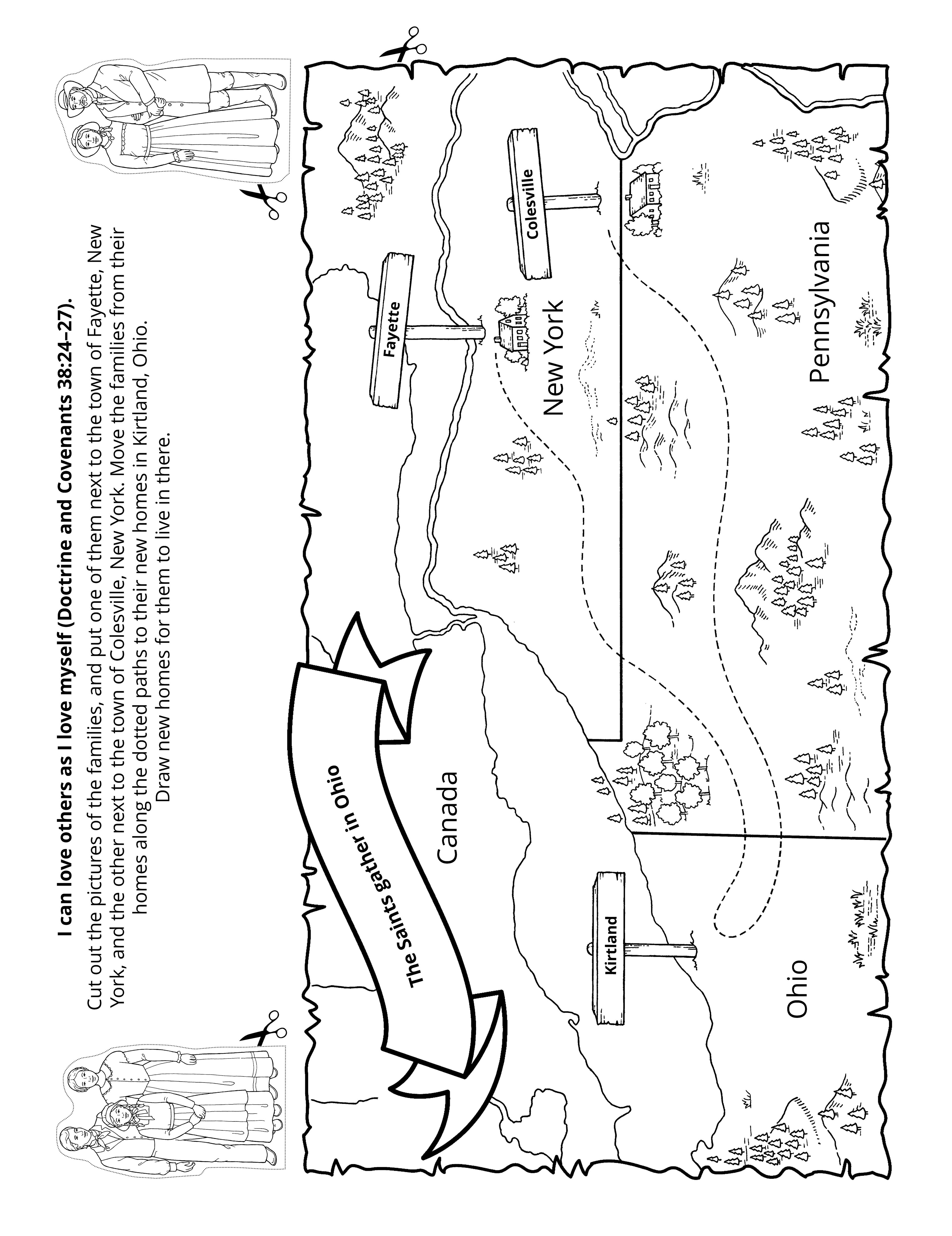 A line art illustration of the route Joseph Smith to Kirtland from New York