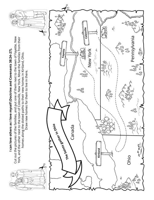 A line art illustration of the route Joseph and Emma took from New York to Kirtland in the winter of 1831 that Primary-age children can color.