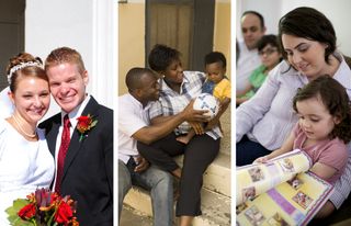 Collage of three photographs including a newly married couple at the temple, parents with young child, mother and daughter looking at scripture stories.