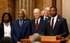NAACP president Derrick Johnson speaks with President Russell M. Nelson of The Church of Jesus Christ of Latter-day Saints, at left, during a press conference in Salt Lake City on Thursday, May 17, 2018.