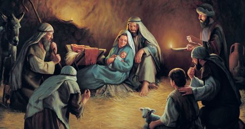 Mary, Joseph, and Baby Jesus being visited by shepherds